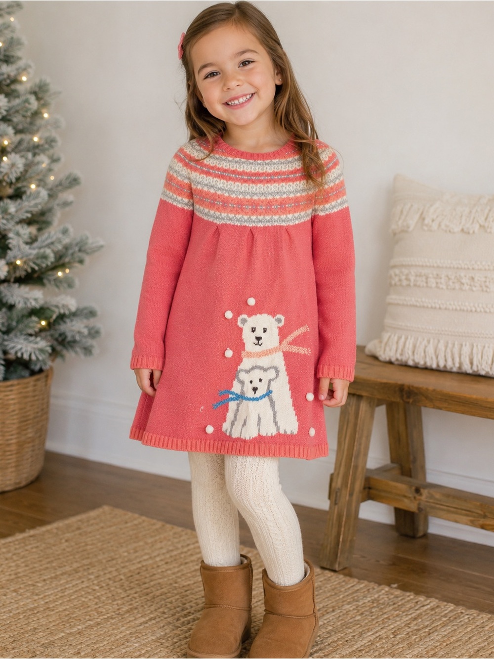 Girls Coral Knit Polar Bear Sweater Dress